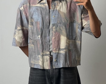 Cropped Abstract Expressionist Shirt, Boxy Fit Pastel Earthy Blouse, Upcycled Watercolor Graphic Top, Indie Grunge Streetwear