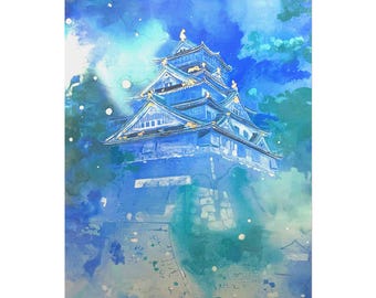 Blue Watercolor Japanese Castle Rolled Poster | Osaka Castle Art Print