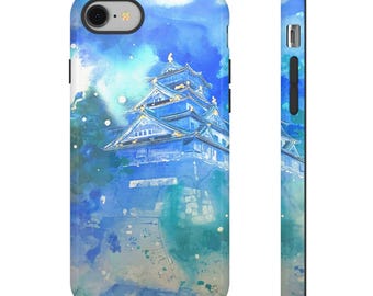 Capa para celular com estampa de castelo japonês em aquarela azul | Capa resistente
