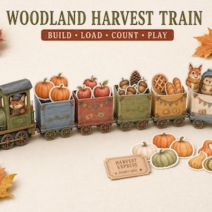 Peut inclure: Un ensemble de train Woodland Harvest comprenant une locomotive à vapeur verte, quatre wagons colorés remplis de citrouilles, pommes, glands, pains et animaux des bois, ainsi que des découpes de citrouilles et un billet Harvest Express.