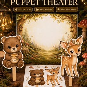 Peut inclure: Un kit de théâtre de marionnettes en forêt à imprimer comprenant un décor forestier, une marionnette ours tenant un pot de miel et une marionnette faon avec une couronne de fleurs. Le set inclut des personnages découpés et une feuille illustrée.