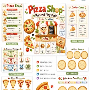 Puede incluir: Un set de juego de simulación Pizza Shop con 21 páginas imprimibles. Incluye un menú, tarjetas de pedido, dinero de juguete, porciones de pizza y bases de pizza. Los gráficos muestran pizzas, un chef y alimentos con el texto Pizza Shop.
