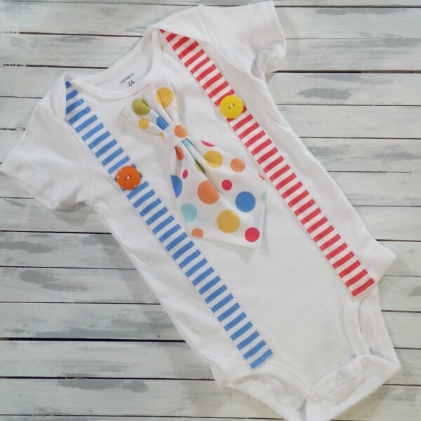 Baby Boy Circus 1st Birthday Boy Cake Smash Outfit Clown 1st Birthday Suspender Tie One-piece Dots and Stripes Birthday Bodysuit Photo Prop