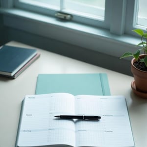 May include: An open, light blue journal with a black pen resting across the pages. The journal is on a white surface, with a closed journal and a small potted plant in the background. The journal is open to a daily planner page.
