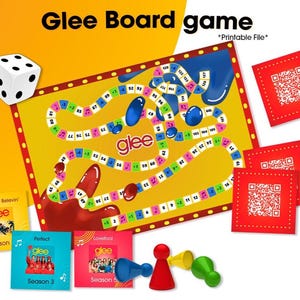 Peut inclure: Un jeu de société Glee avec un plateau jaune, des dés, des pions et des cartes. Le plateau présente un chemin de notes de musique avec le mot "glee" au centre. Le jeu comprend des cartes avec des codes QR et des pochettes d'album.