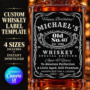 Könnte beinhalten: Eine personalisierte Whiskey-Etikettenvorlage mit schwarzem Hintergrund sowie weißen Zierrändern und Text. Das Etikett zeigt Happy Birthday! MICHAEL'S Old No.40 Est. 1986 WHISKEY SPECIAL EDITION Aged 40 Years To Absolute Perfection 500ml 40% ALC/VOL.