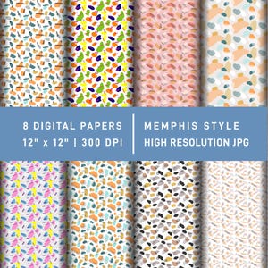 Può includere: Una collezione di otto carte digitali con vari motivi astratti con forme e texture colorate. Il testo 8 DIGITAL PAPERS MEMPHIS STYLE 12 x 12 300 DPI HIGH RESOLUTION JPG è visualizzato al centro dell'immagine.