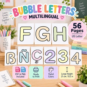 Lettres bulles à imprimer, alphabet multilingue (PNG/PDF), grandes lettres découpées pour la classe, ensemble ABC pastel pour tableau d'affichage, téléchargement numérique