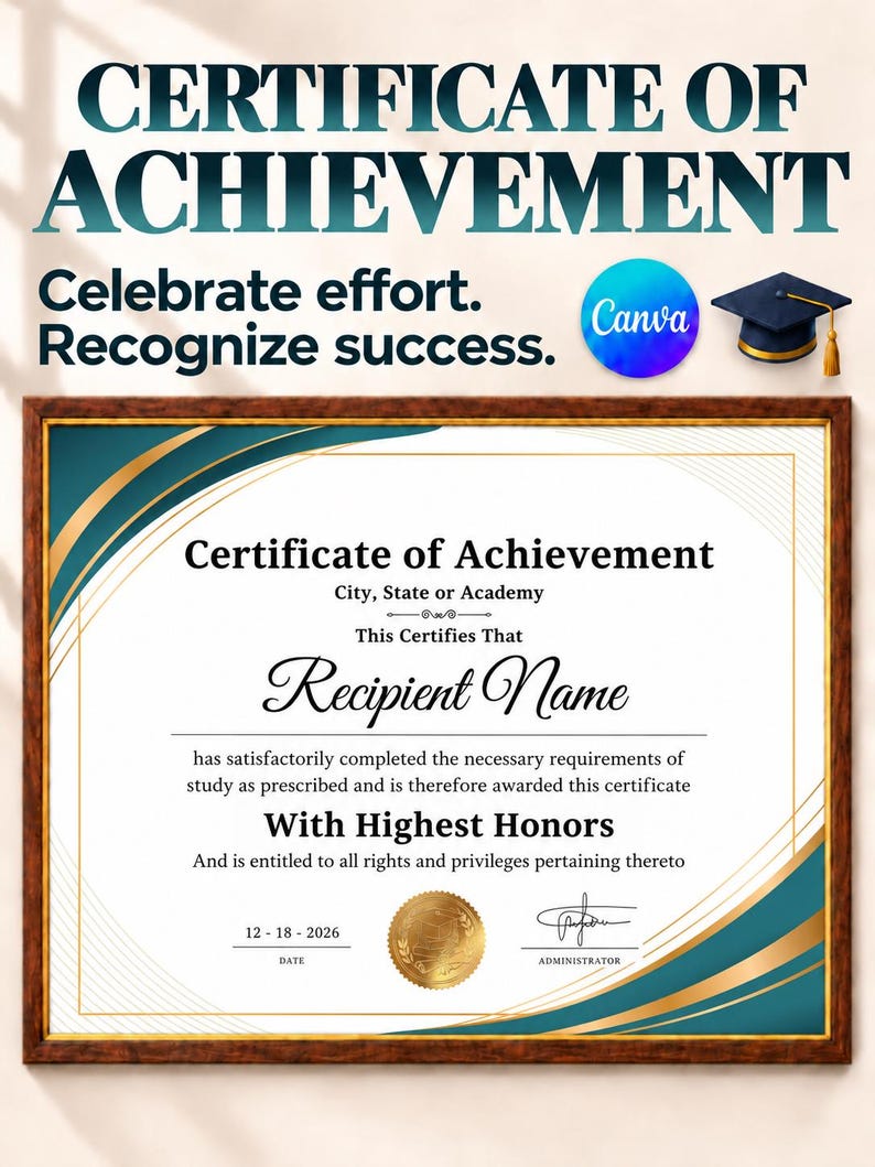 Certificate Template, Editable Diploma, Canva Graduation, High School ...