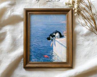 Tuxedo Cat and Fish Wall Art: Vintage painting Coastal decor