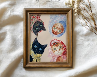 Cuadros de gatos Babushka: Estilo impresionista vintage floral