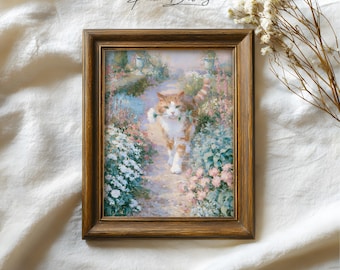 Tableau jardin orange chat tigré : impression d'art fantaisiste sentier floral