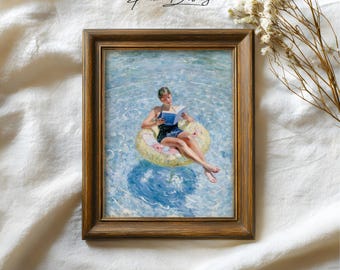 Girl Reading on Floatie: Vintage inpresionist Ocean decor