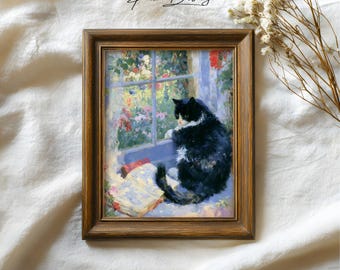May include: A framed print showing a black and white cat looking out of a window. The image portrays a cat on a windowsill, with an open book beside it. The window reveals a garden with vibrant flowers. The frame is a warm brown, and the text "Poetic Brushery" is in the upper left.