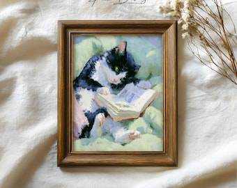 タキシード猫が読書する壁画：印象派風の居心地の良い寝室の装飾