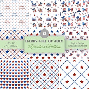 Puede incluir: Una colección digital de trece patrones sin costuras con temas del 4 de julio en rojo, blanco y azul. Los diseños incluyen estrellas, gnomos, globos, sombreros y helados. Texto: Happy 4th of July, 12" x 12", 300 dpi.