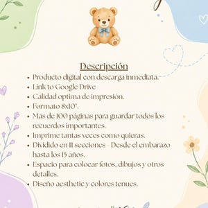 Puede incluir: Un folleto de producto digital titulado Crecer Contigo con un oso de peluche marrón y un lazo azul. El texto enumera características como 100 páginas, 11 secciones desde el embarazo hasta los 15 años y formato de 8x10 pulgadas con flores.