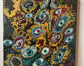 Abstract Eyeball Painting with Puffy Paint Acrylic – Surreal Wall Art