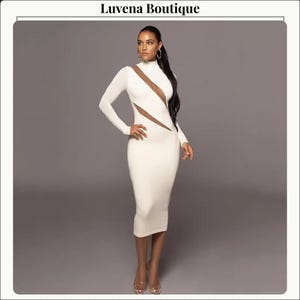 plain white long sleeve bodycon dress Bodycon White Midi Dress with Long Sleeve XS / White