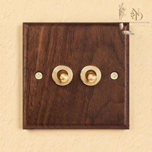 May include: A square, dark brown wooden light switch plate with two brass toggle switches. The plate is mounted with brass screws. The background is a light beige color.