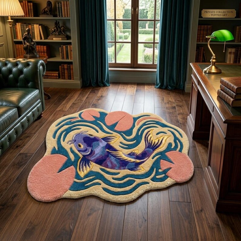 Pond Rug Design Hand Tufted Wool Rug | Purple Koi Fish Pond Area Rug | Custom Size ...