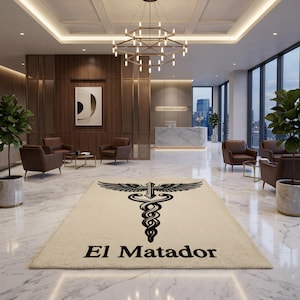 Peut inclure: Un tapis rectangulaire beige orné d'un grand motif noir représentant un caducée ailé surmonté d'une croix. Le texte "El Matador" est imprimé en caractères noirs gras avec empattements sous l'emblème central sur la surface du tapis.