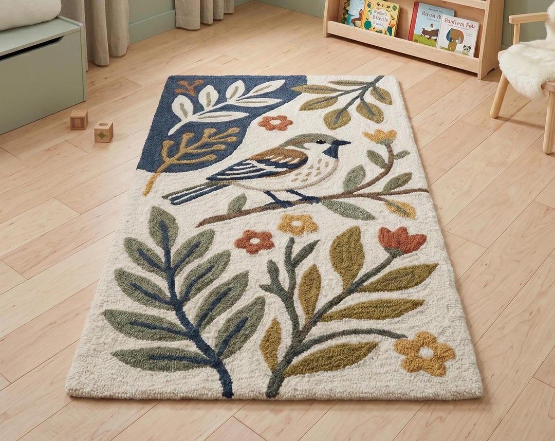 Hand Tufted Wool Rug | Botanical Bird Folk Area Rug | Custom Living ...
