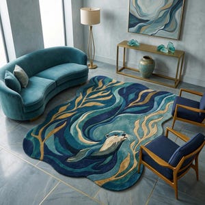 Può includere: Un tappeto che raffigura una lontra stilizzata che nuota in acque vorticose blu e verde acqua, con accenti di alghe color marrone dorato. Il tappeto presenta una forma organica irregolare e un pelo testurizzato.