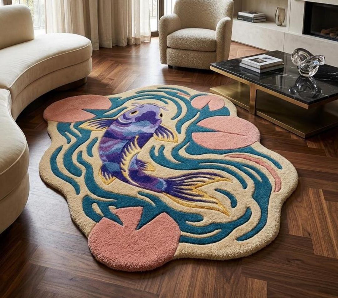 Pond Rug Design Hand Tufted Wool Rug | Purple Koi Fish Pond Area Rug | Custom Size ...