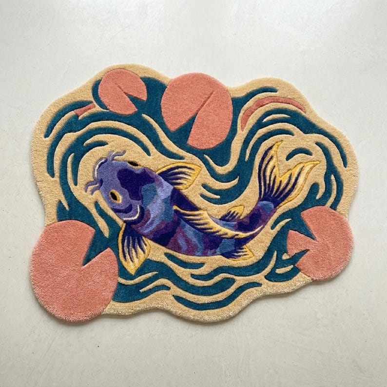 Pond Rug Design Hand Tufted Wool Rug | Purple Koi Fish Pond Area Rug | Custom Size ...