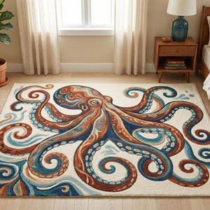 Op de afbeelding: Een rechthoekig vloerkleed met een grote, centrale illustratie van een octopus. De octopus is uitgevoerd in tinten roestoranje, diepblauw en crème. De tentakels kronkelen over de crèmekleurige achtergrond en vormen een dynamisch patroon.
