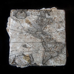 May include: A vintage map of the Americas, printed on a piece of parchment paper. The map shows the continents of North and South America, with the text "AMERICAE NOVA DESCRIPTIO ET MAPPA GENERALIS" at the bottom.