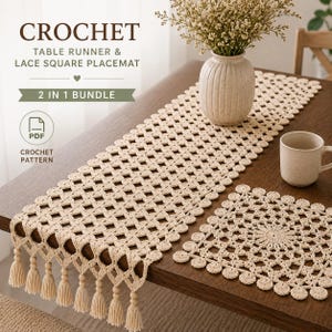 May include: A beige crochet table runner and a square lace placemat, both featuring an openwork diamond pattern. The runner has decorative tassels along the edges. The image includes text: CROCHET TABLE RUNNER & LACE SQUARE PLACEMAT 2 IN 1 BUNDLE.