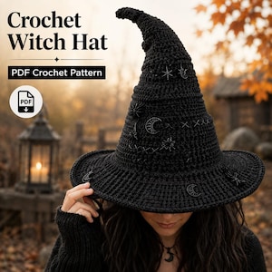 May include: A black crochet witch hat featuring a pointed crown and a wide brim, decorated with small metallic star and crescent moon charms. The text Crochet Witch Hat and PDF Crochet Pattern is visible in the upper left corner of the image.