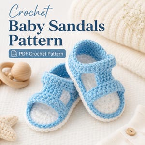 May include: A pair of handmade crochet baby sandals featuring light blue yarn straps and a white sole. The image includes the text Crochet Baby Sandals Pattern and PDF Crochet Pattern. The design shows a simple open-toe construction with a heel strap.