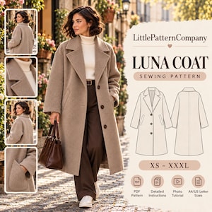 Può includere: Un cappotto beige in misto lana con revers a dente, tre bottoni frontali e tasche laterali. L'immagine include il testo LittlePatternCompany LUNA COAT SEWING PATTERN XS - XXXL e un disegno tecnico del cappotto visto davanti e dietro.