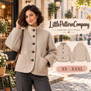 May include: A beige textured jacket with a high collar, five dark buttons, and two front patch pockets. The image includes the text LittlePatternCompany SEWING PATTERNS and XS - XXXL, along with a line drawing of the jacket front and back.