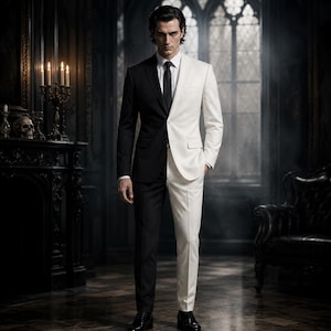May include: A two-toned suit featuring a black right side and a white left side. The ensemble includes a single-breasted blazer with a notched lapel, a white dress shirt, a black necktie, and matching trousers that are black on the right and white on the left.