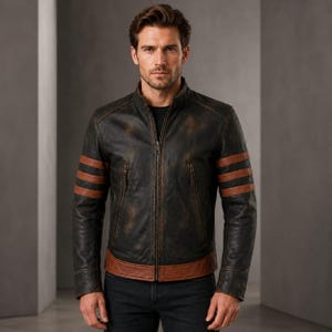 Può includere: Una giacca in pelle nera dall'aspetto vissuto con colletto alla coreana, chiusura frontale con zip integrale e due tasche verticali sul petto con cerniera. Le maniche presentano tre strisce orizzontali in pelle marrone e l'orlo è rifinito in marrone.