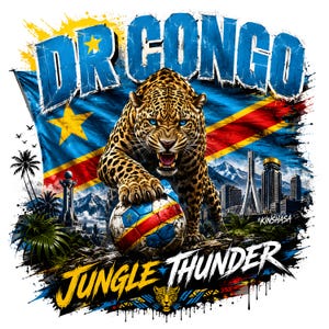 Könnte beinhalten: Ein Grafikdesign mit einem knurrenden Leoparden mit blauen Augen, der eine Pfote auf einen Fußball mit dem Muster der Flagge der Demokratischen Republik Kongo legt. Der Text DR CONGO und JUNGLE THUNDER erscheint mit der Skyline von Kinshasa.