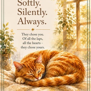 May include: A watercolor-style print featuring an orange tabby cat curled up asleep. The text reads: Softly. Silently. Always. They chose you. Of all the laps, all the hearts - they chose yours. A potted plant and a window are visible in the background.