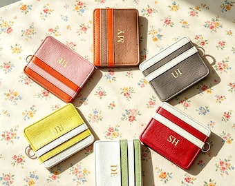 Custom Letter Color Block Leather Card Holder,Personalized Monogram Card Sleeve,Portable Minimalist Card Wallet,Gift For Her
