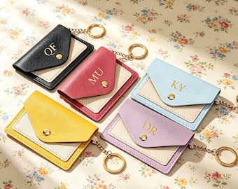 Custom Letter Candy Color Leather Card Holder,Envelope Style Minimalist Card Sleeve,Personalized Monogram Card Wallet,Gift For Her