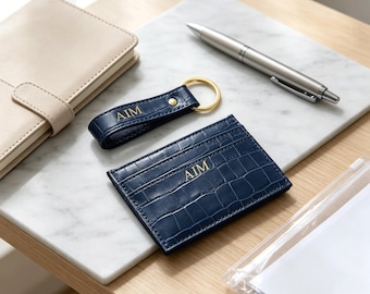 Personalized Crocodile Card Holder Set, Custom Wallet With Keychain, PU Leather Card Organizer, Gift For Her, Wedding Gift