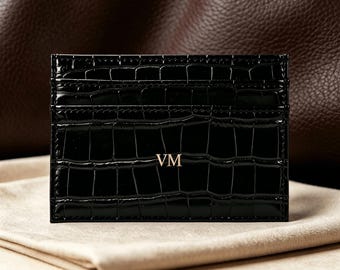 Personalized Black Crocodile Card Holder, Custom Gold Initial Engraved Leather Card Case, Croc Embossed Minimalist Wallet