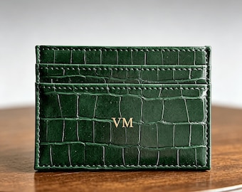 Personalized Green Crocodile Card Holder, Custom Gold Initial Engraved Leather Card Case, Croc Embossed Minimalist Wallet