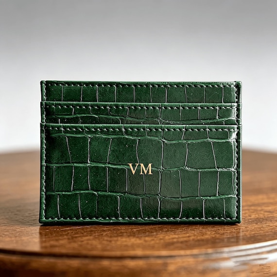 Personalized Green Crocodile Card Holder, Custom Gold Initial Engraved Leather Card Case, Croc Embossed Minimalist Wallet