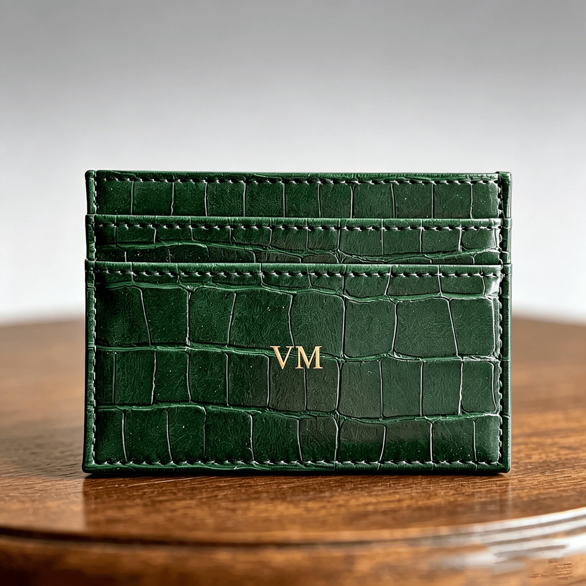Personalized Green Crocodile Card Holder, Custom Gold Initial
