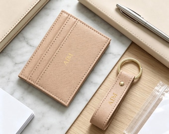 Personalized Crosshatch Card Holder Set, Custom Wallet With Keychain, PU Leather Card Organizer, Gift For Her, Wedding Gift