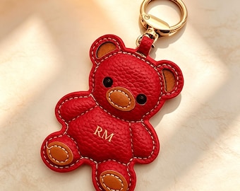 Custom Monogram Red Leather Bear Keychain, Personalized Initial Teddy Bear Bag Charm, Cute Custom Name Keyring, Luxury Gift for Her